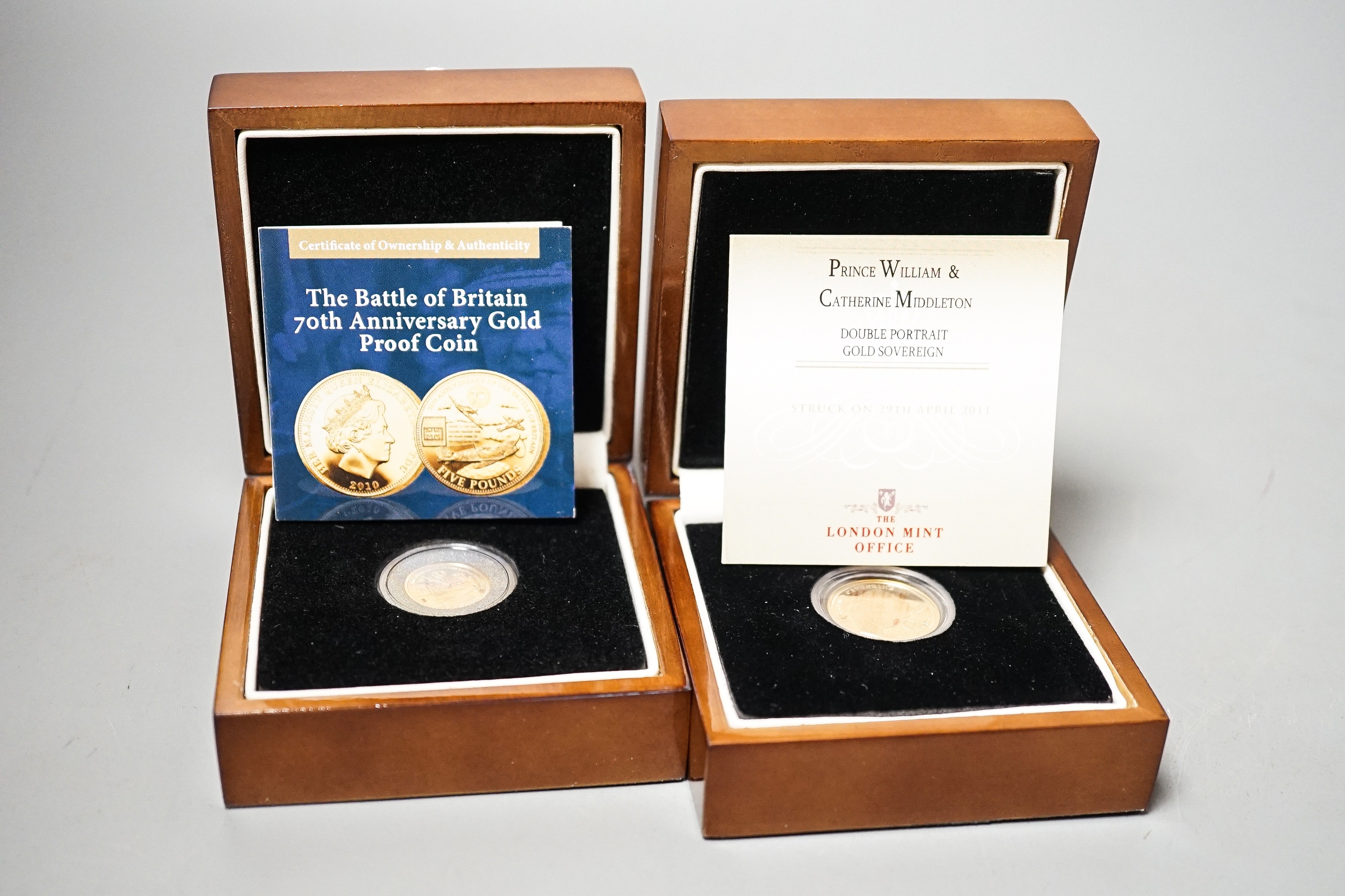 A London mint Tristan da Cunha proof gold sovereign and a similar proof gold Battle of Britain coin, cased with certificates (2)